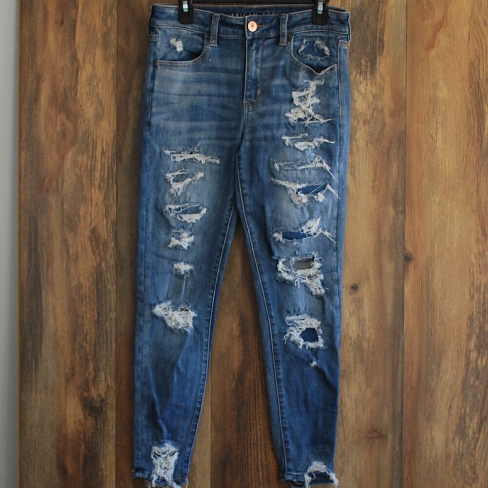 American Eagle Next Level Stretch Hi Rise Jegging Destroyed 8 Short     -mw10a